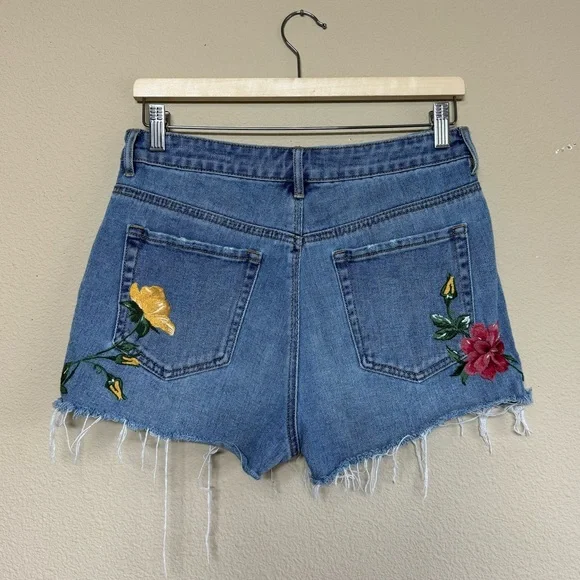 Pacsun shorts women 26 100% cotton embroidered floral high rise denim blue - Picture 2 of 11